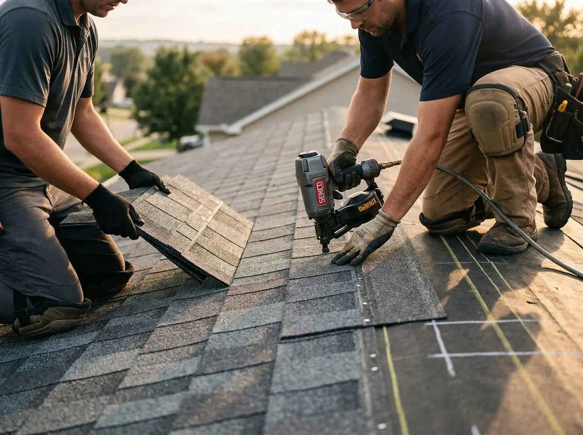 Professional roofer working on a residential roof in East Renton Highlands